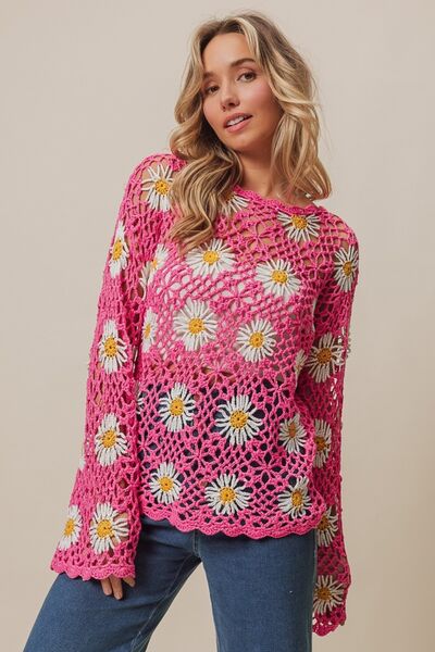 BiBi Floral Crochet Net Lace Cover Up TOPS