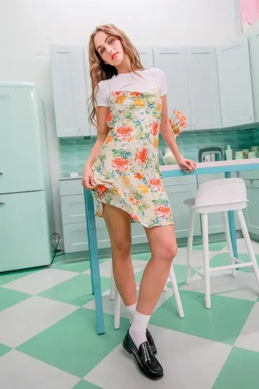 HYFVE Floral Cowl Neck Flirty Satin Mini Dress - DAVERRI FASHIONS