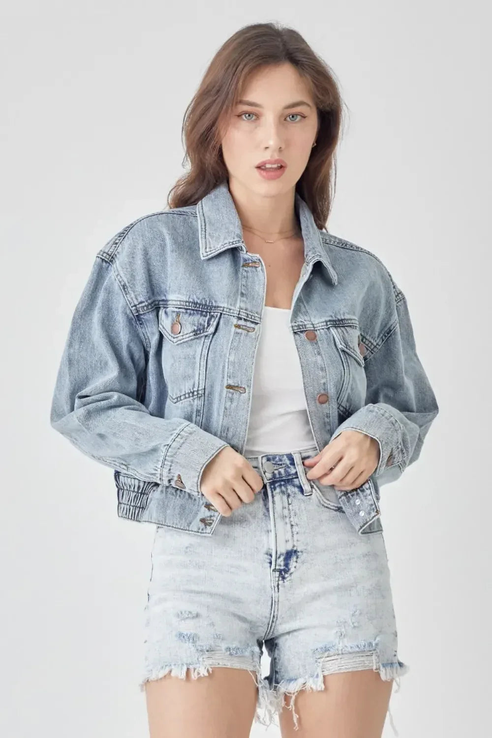 RISEN Full Size Button Down Cropped Denim Jacket - DAVERRI FASHIONS