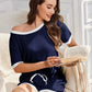 Daverri Fashions navy blue and white ribbed off-shoulder pajama set
