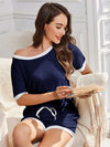 Daverri Fashions navy blue and white ribbed off-shoulder pajama set