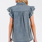 Mittoshop Washed Denim Ruffle Short Sleeve Collared Shirt - DAVERRI FASHIONS