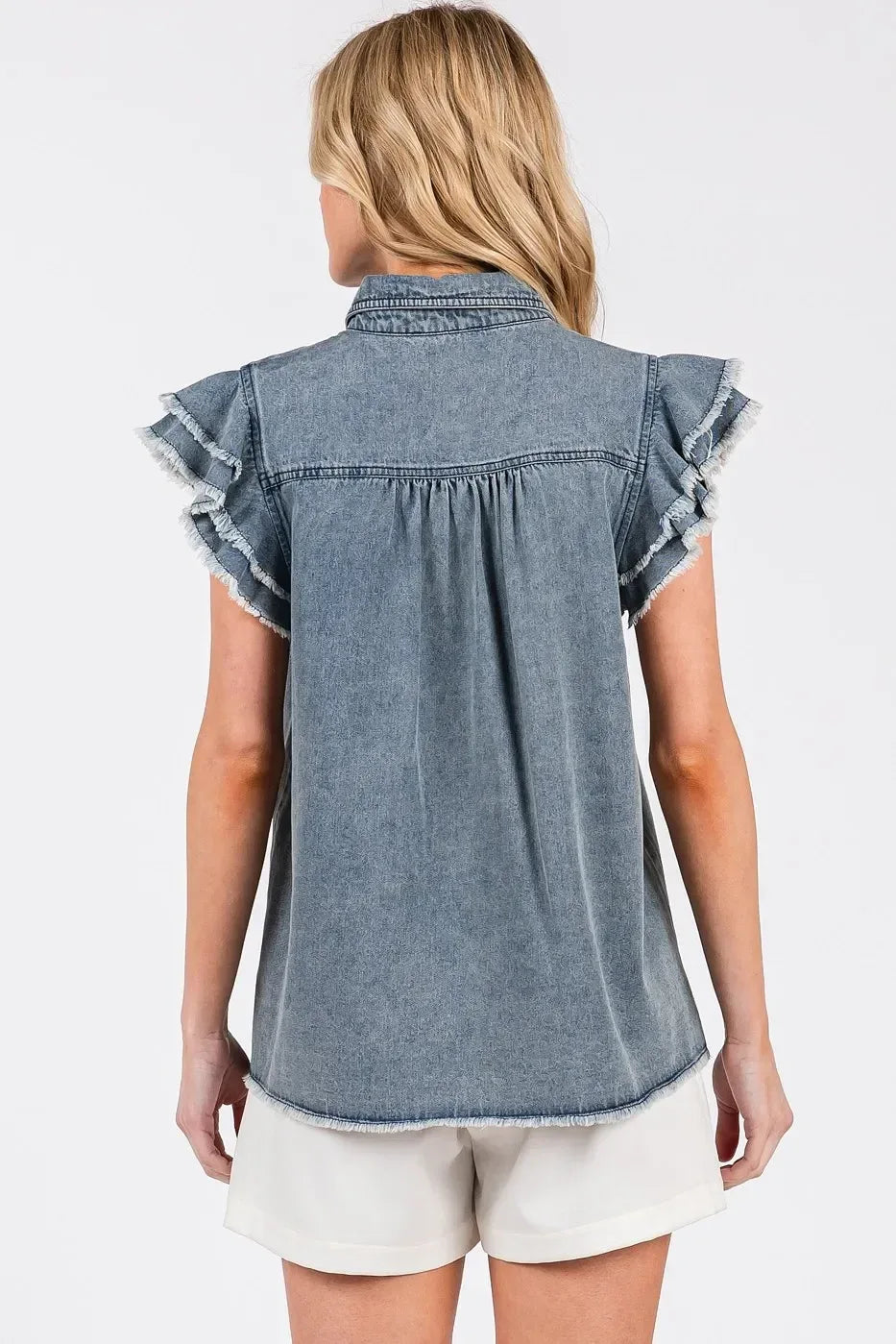 Mittoshop Washed Denim Ruffle Short Sleeve Collared Shirt - DAVERRI FASHIONS
