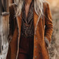 Women’s rust-colored suede fringe trim longline coat with metallic buttons
