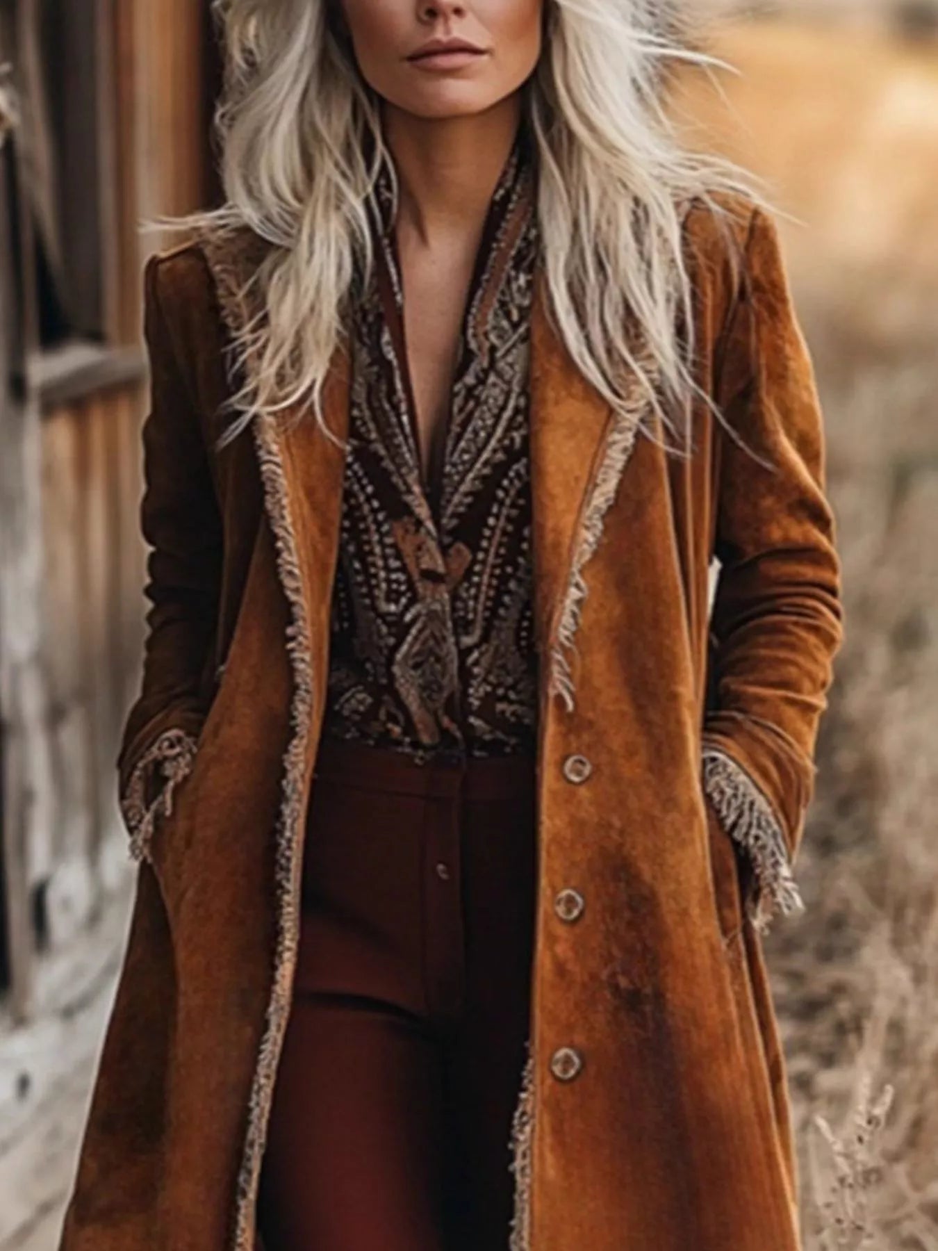 Women’s rust-colored suede fringe trim longline coat with metallic buttons