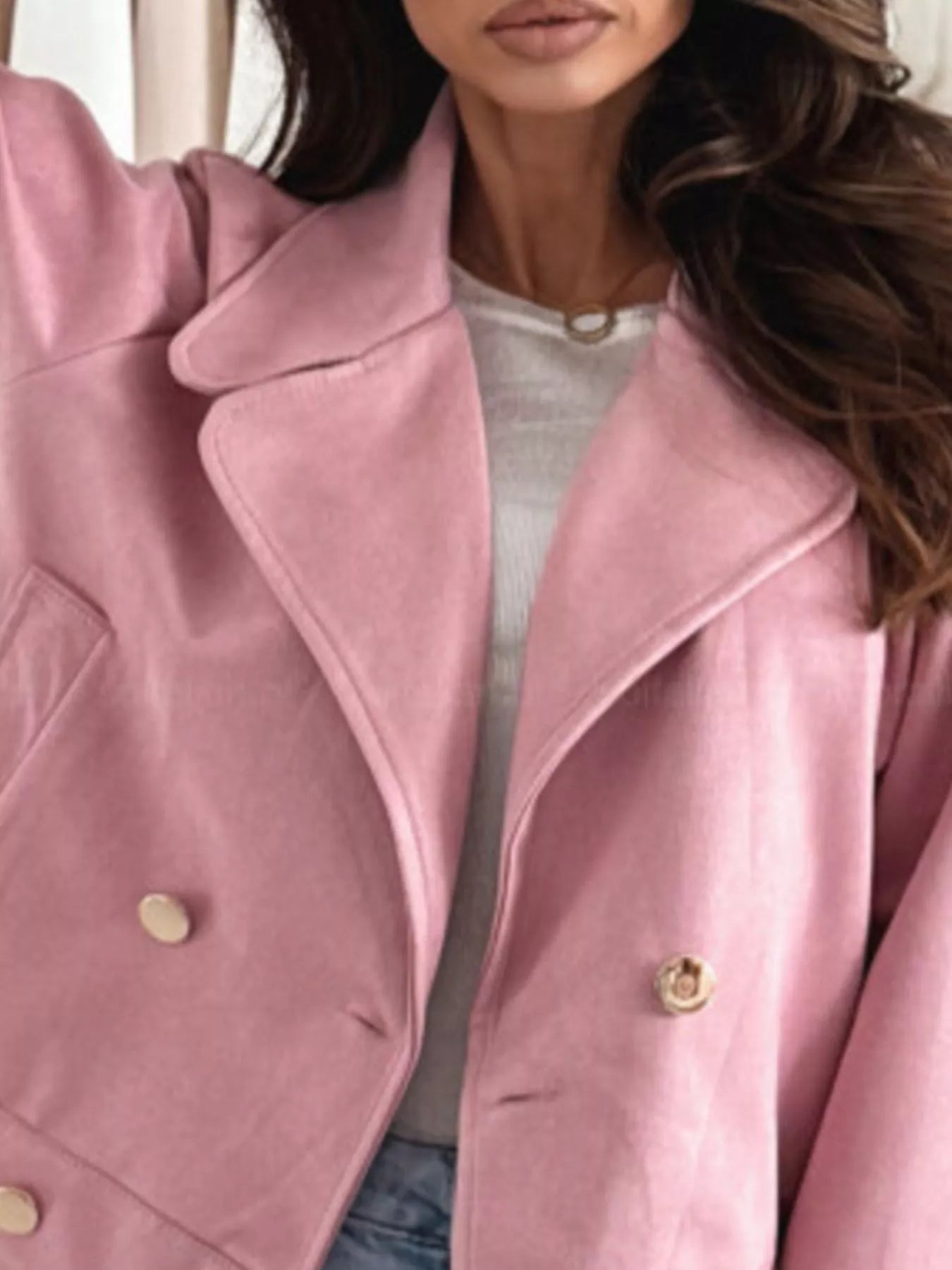 Daverri double-breasted lapel collar jacket in soft pink suede with gold buttons