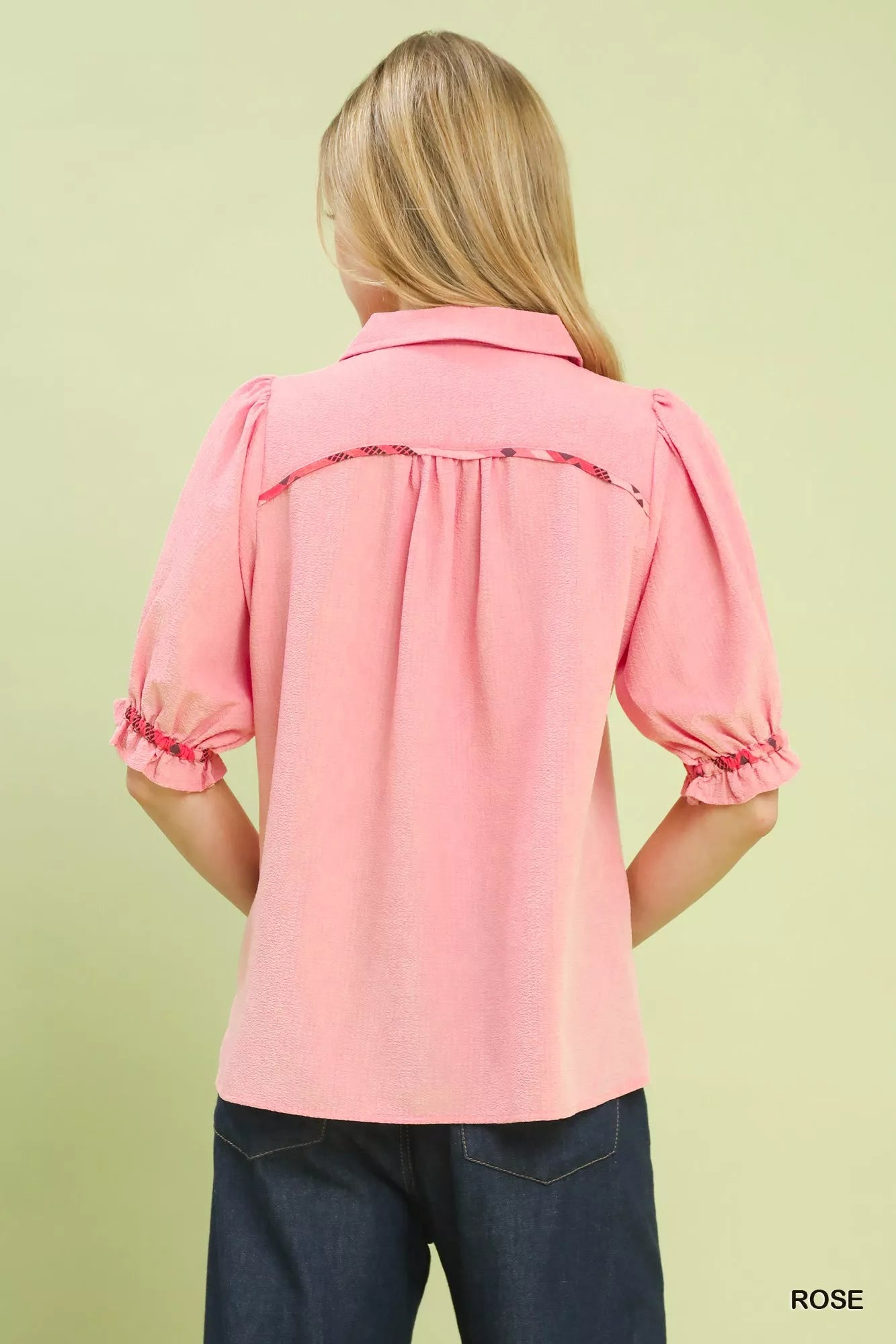 Umgee Scalloped Trim Blouse with pink puffed sleeves and ruffled cuffs