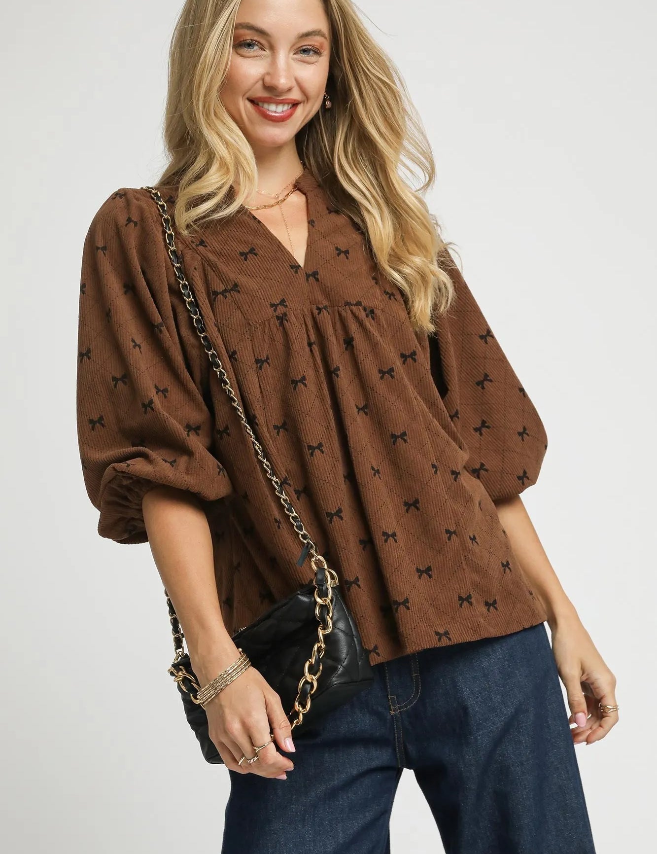 Brown Umgee Corduroy Bow Print Balloon Sleeve Blouse | Daverri Fashions