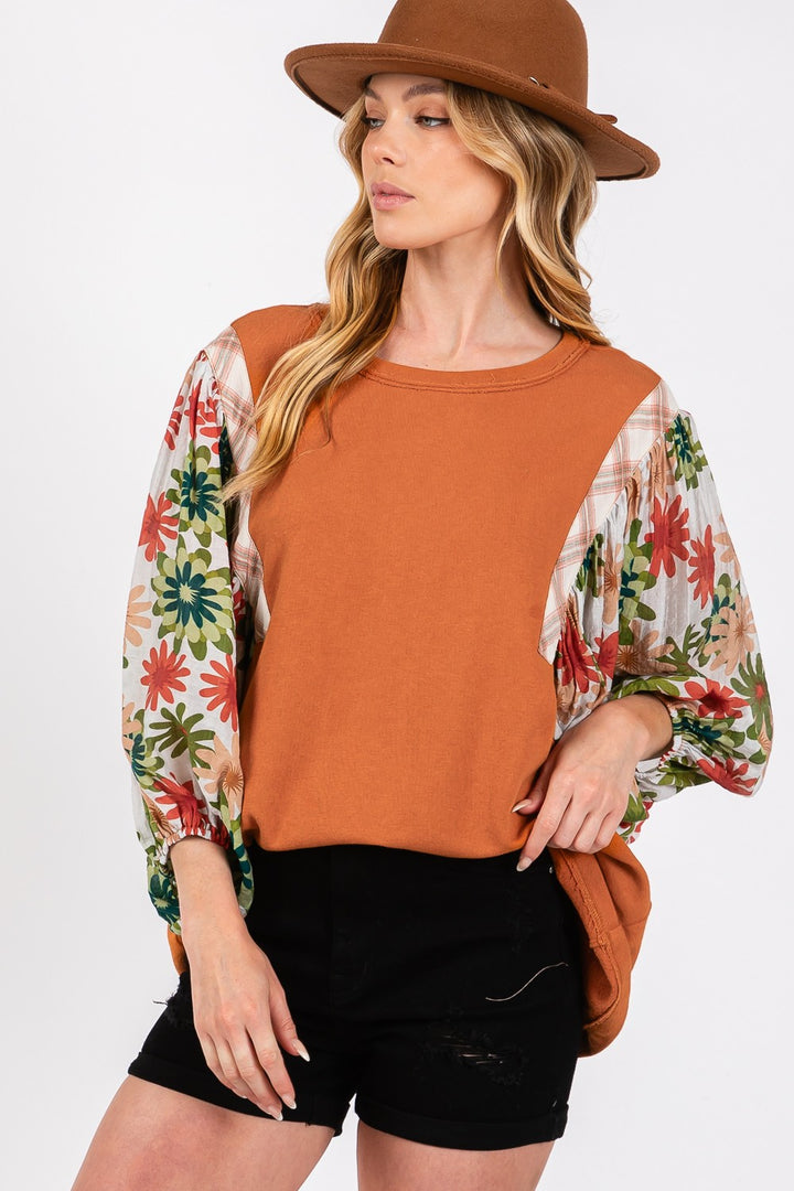 SAGE + FIG Full Size Printed Balloon Sleeve Contrast Top Tops