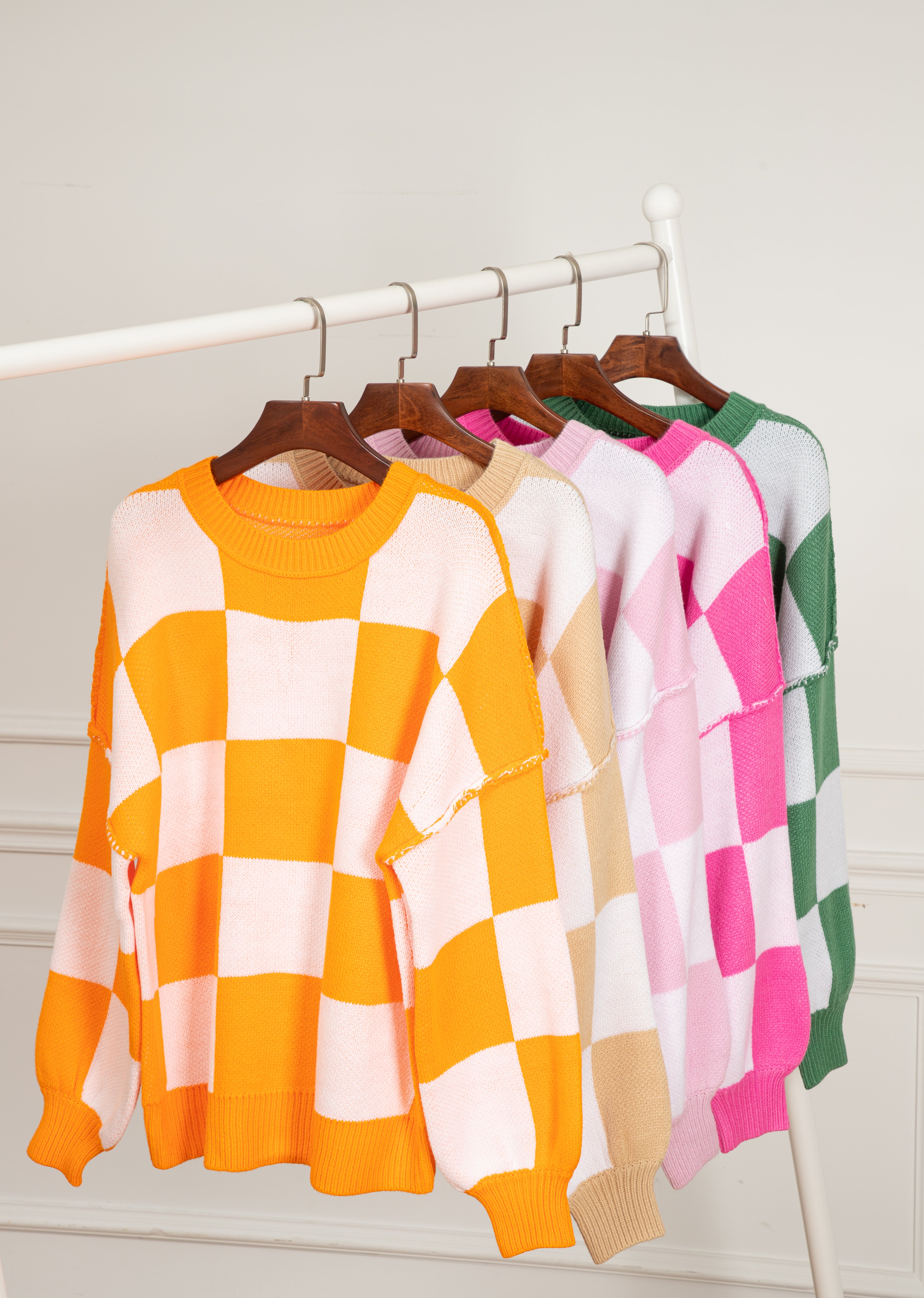 Checkered Bishop Sleeve Sweater | Sweaters Daverri Fashions