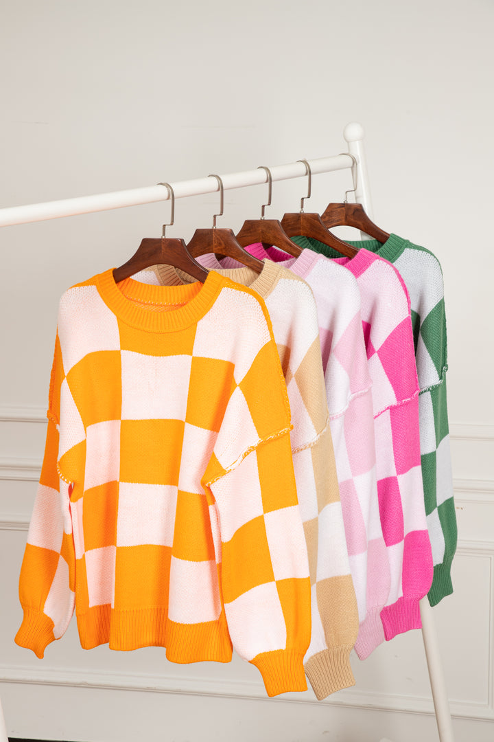 Checkered Bishop Sleeve Sweater | Sweaters Daverri Fashions