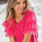 BiBi Ruffle Mesh Lace Layered Short Sleeve Top Fuchsia S Tops