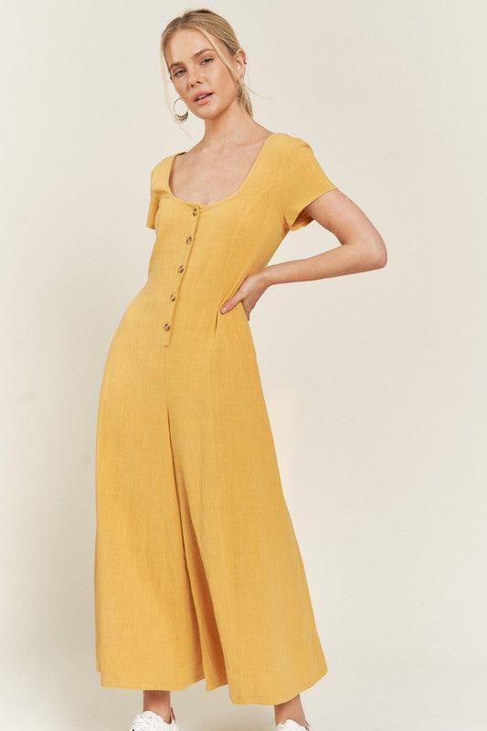 Button Down Short Sleeve Linen Jumpsuit MUSTARD Jumpsuits