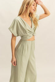 HYFVE Twisted Front Short Sleeve Top and Wide Leg Pants Set | Outfit Sets Daverri Fashions