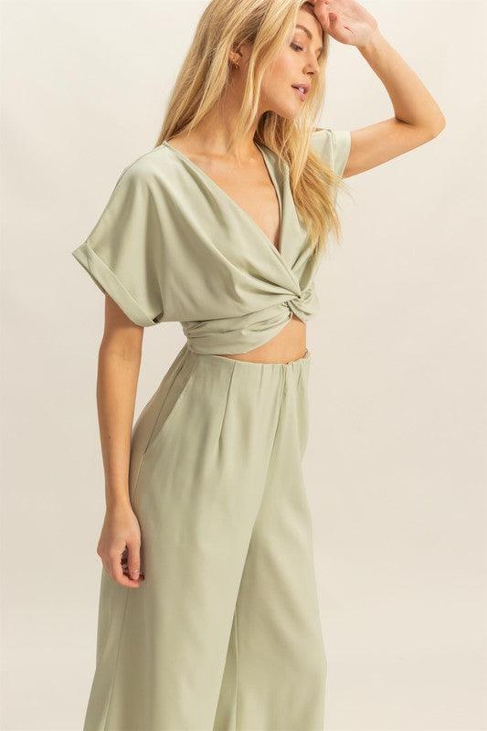 HYFVE Twisted Front Short Sleeve Top and Wide Leg Pants Set Pants