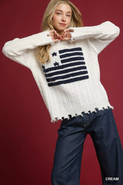 Cream Umgee Distressed American Flag Sweater Cream | Sweaters Daverri Fashions