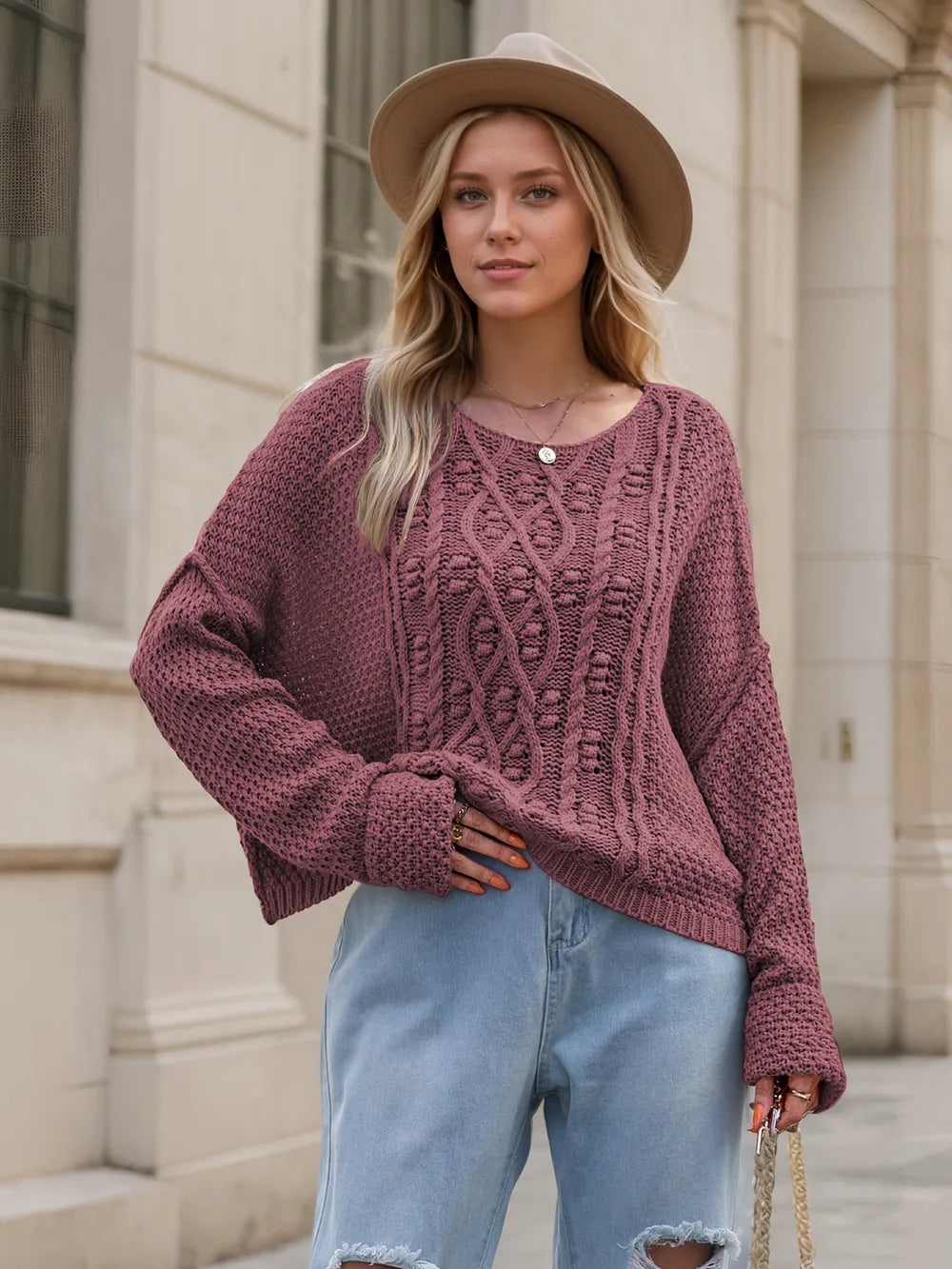 Cozy dusty rose cable-knit round neck dropped shoulder sweater