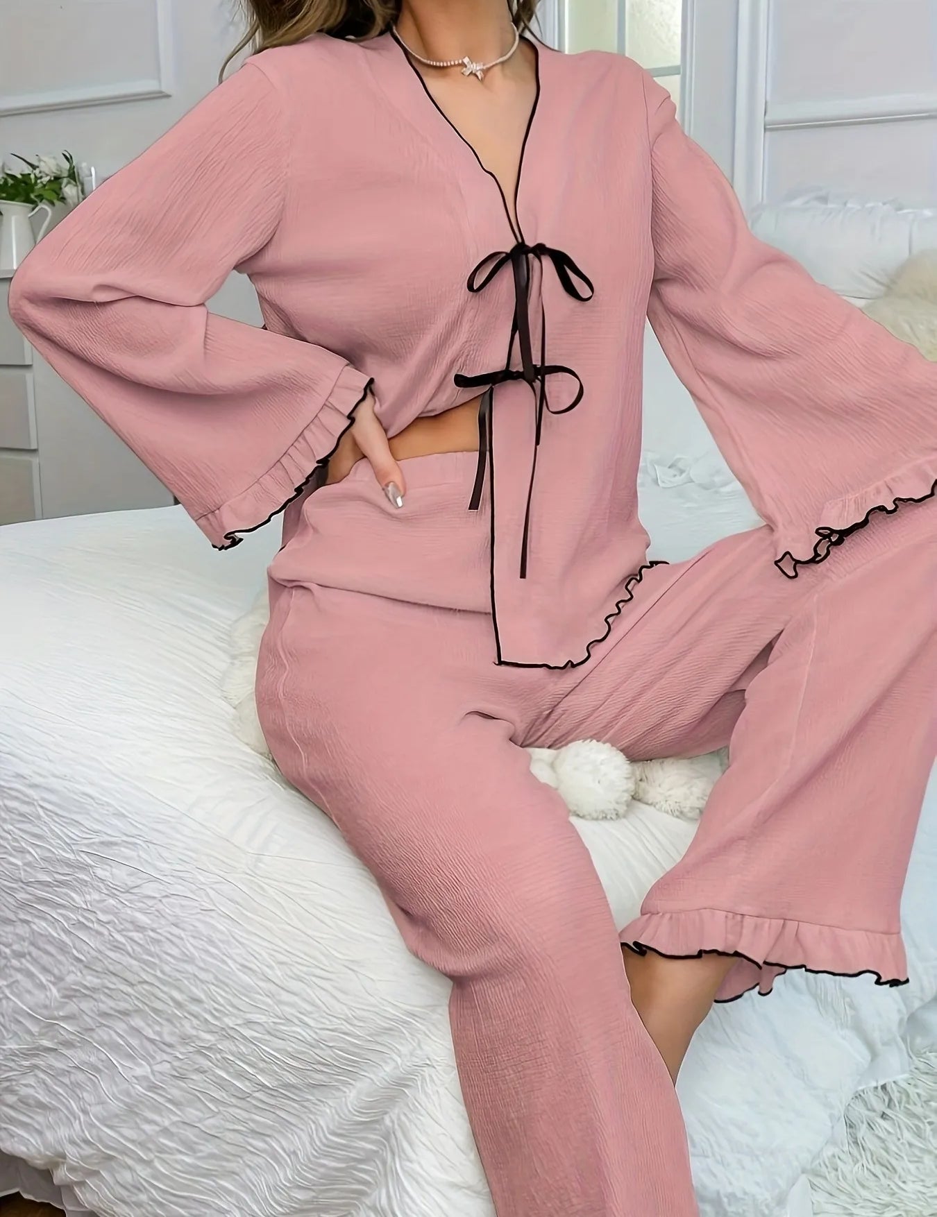 Dusty Pink Contrast Trim Bow Tie Shirt and Pants Lounge Set | Loungewear Sets Daverri Fashions