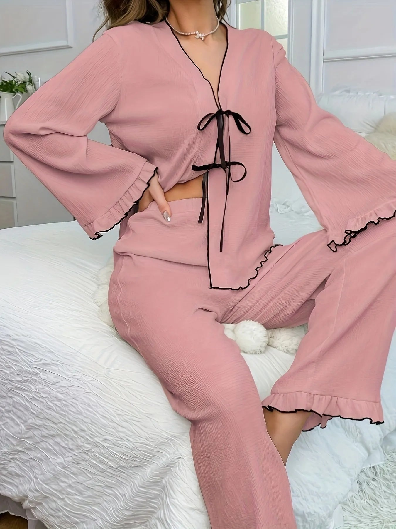 Dusty Pink Contrast Trim Bow Tie Shirt and Pants Lounge Set | Loungewear Sets Daverri Fashions
