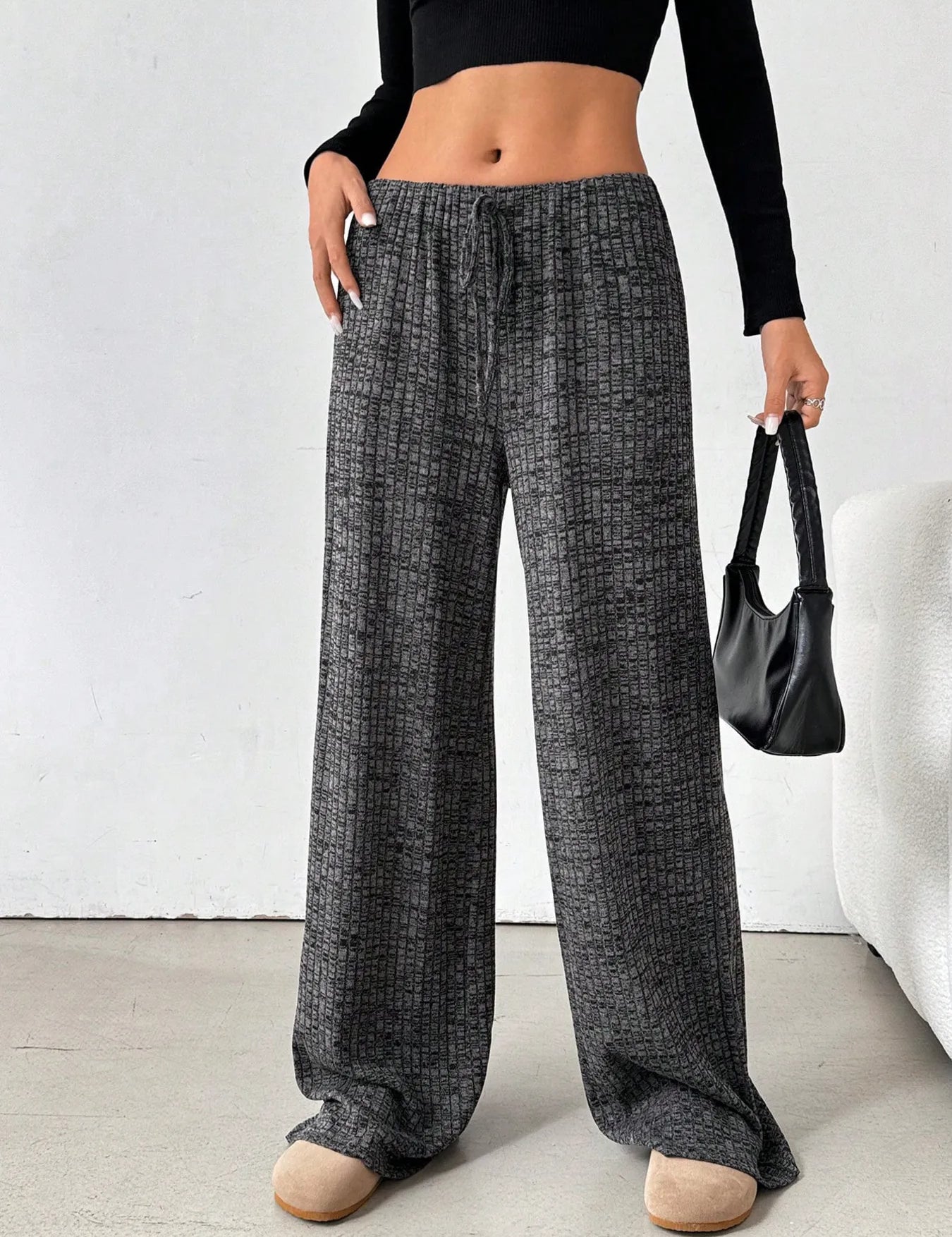 Black Striped Wide Leg Drawstring Pants | Loungewear Pants Daverri Fashions