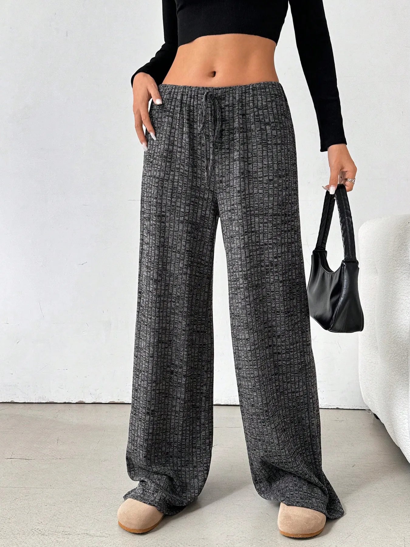 Black Striped Wide Leg Drawstring Pants | Loungewear Pants Daverri Fashions