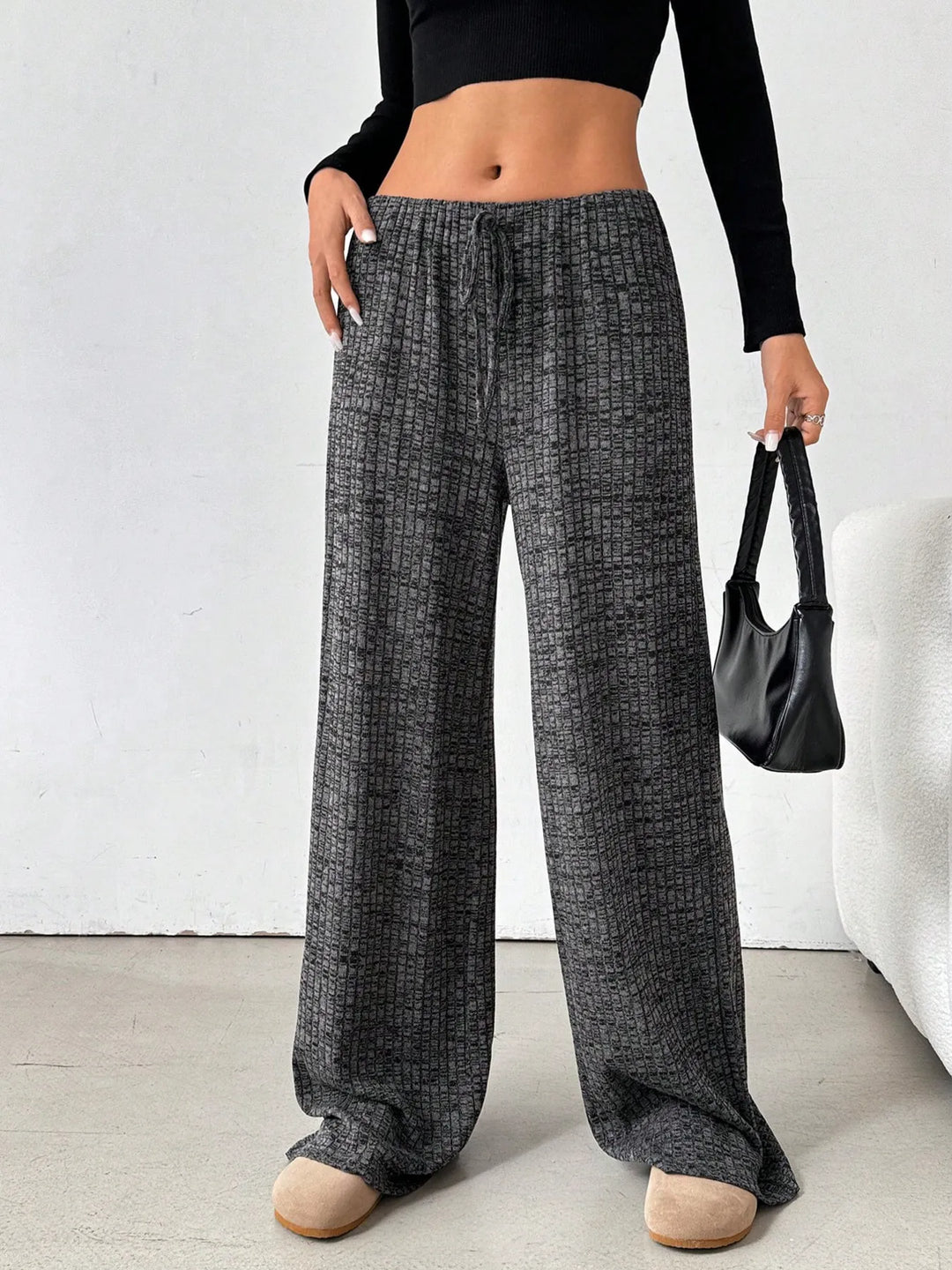 Black Striped Wide Leg Drawstring Pants | Loungewear Pants Daverri Fashions