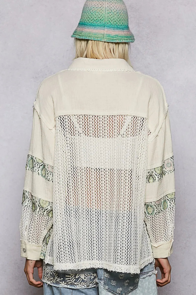 POL Printed Crochet Patchwork Button-Up Shirt Shirt