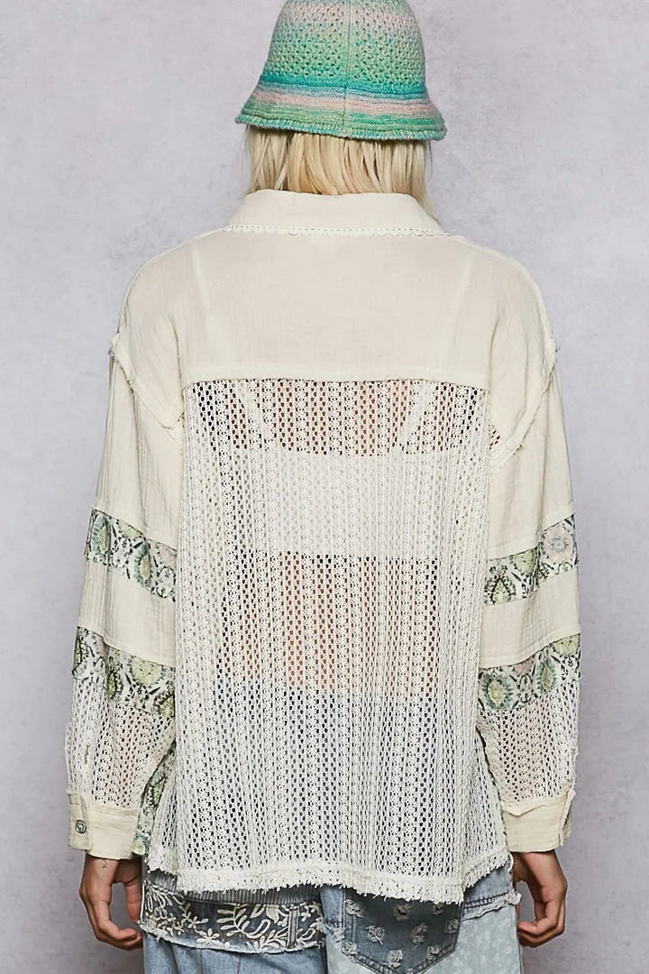 POL Printed Crochet Patchwork Button-Up Shirt Shirt