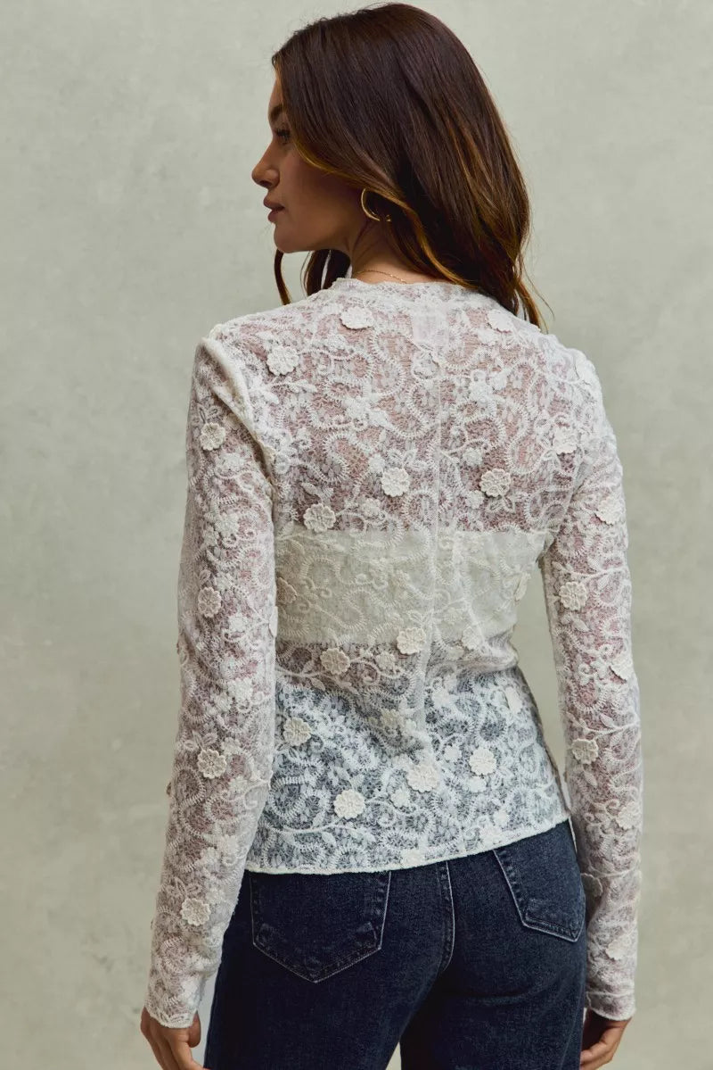 Delicate SO ME lace long-sleeve top with 3D floral embroidery