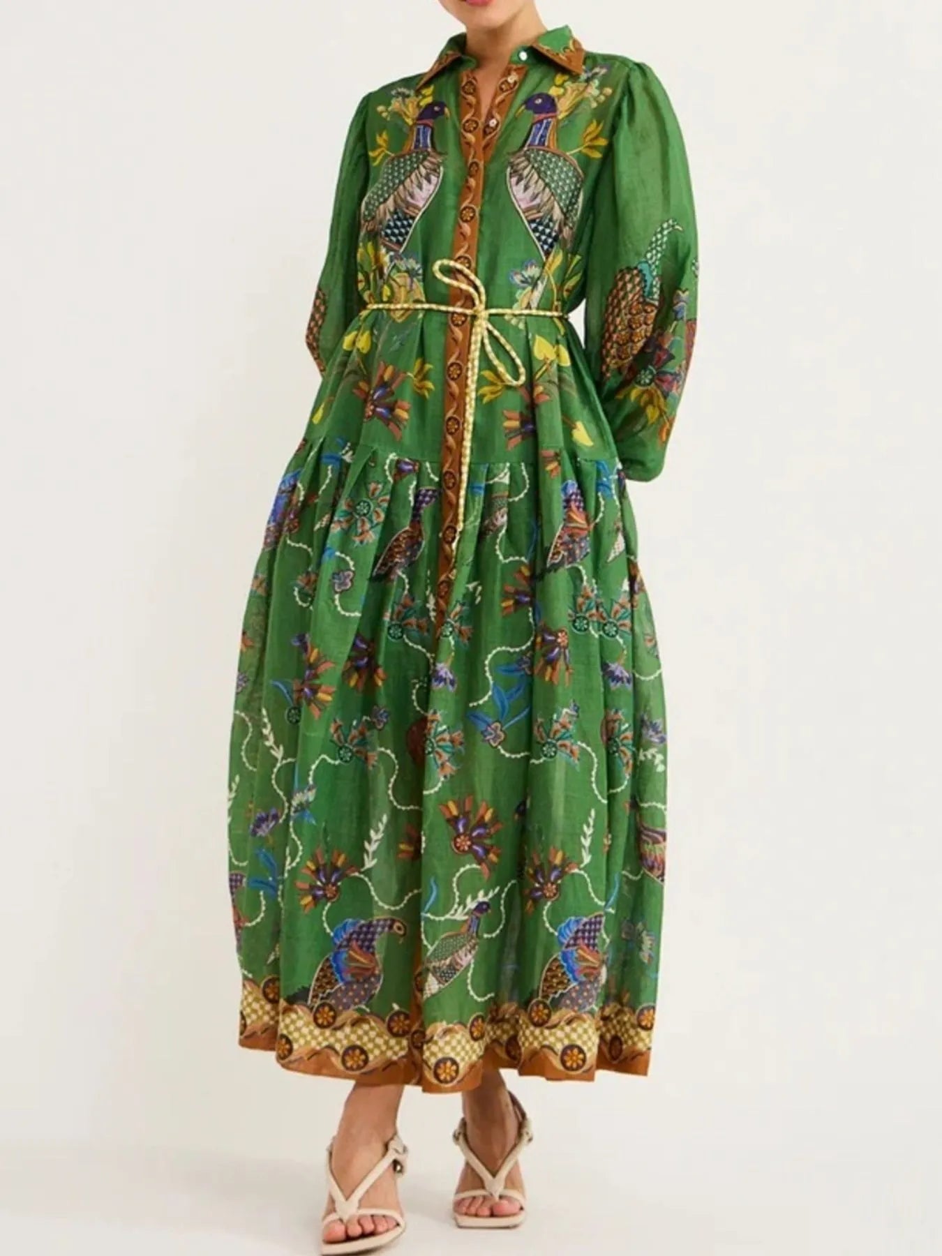 Green Floral Print Daverri Fashions Lantern Sleeve Maxi Shirt Dress