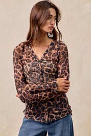 BiBi Leopard Printed Mesh Shirt With Button Up V Neck | Shirts Daverri Fashions