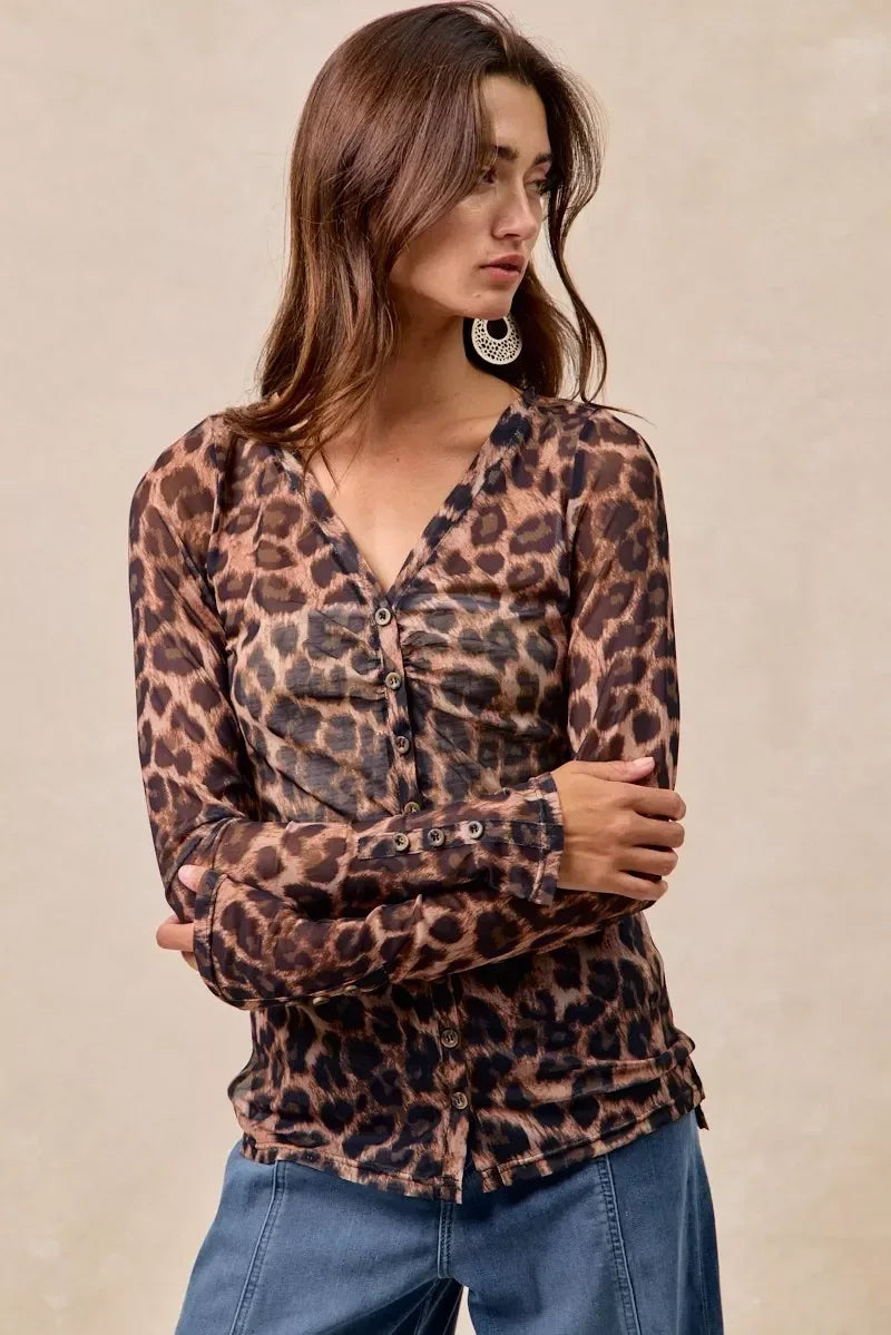 BiBi Leopard Printed Mesh Shirt With Button Up V Neck - DAVERRI FASHIONS
