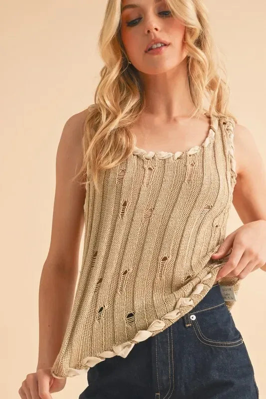 Aemi+Co Distressed Detail Round Neck Knit Tank - DAVERRI FASHIONS