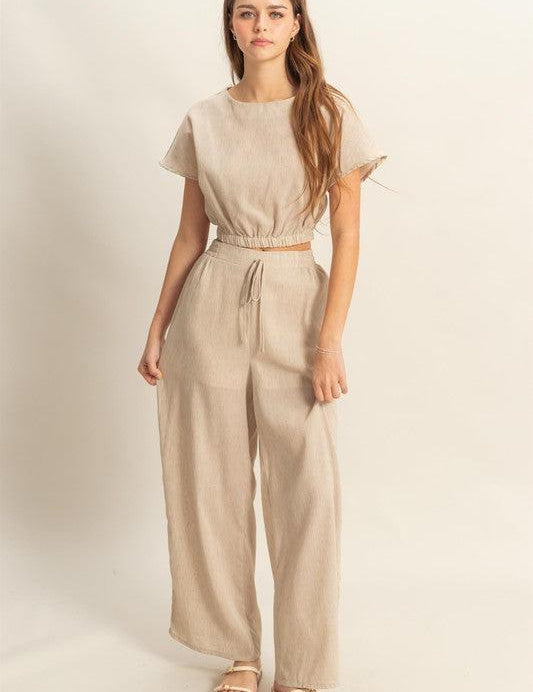 Tan L HYFVE Round Neck Short Sleeve Top and Pants Set | Outfit Sets Daverri Fashions