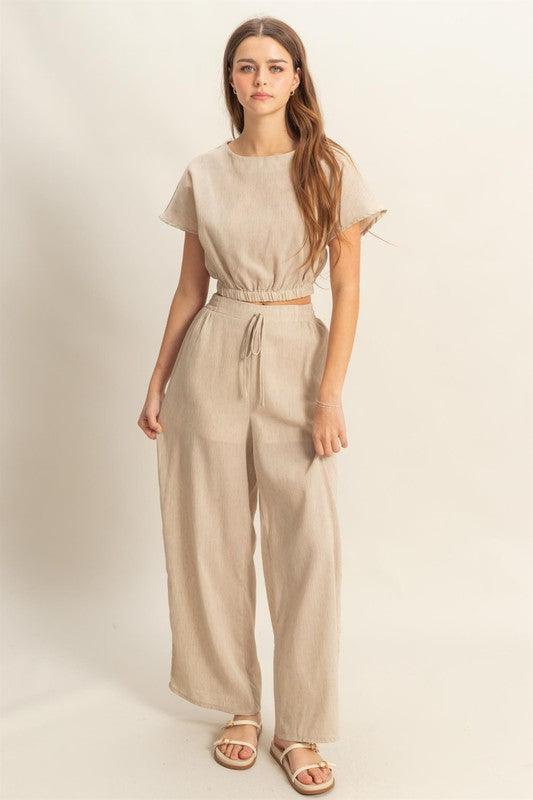 HYFVE Round Neck Short Sleeve Top and Pants Set Tan L