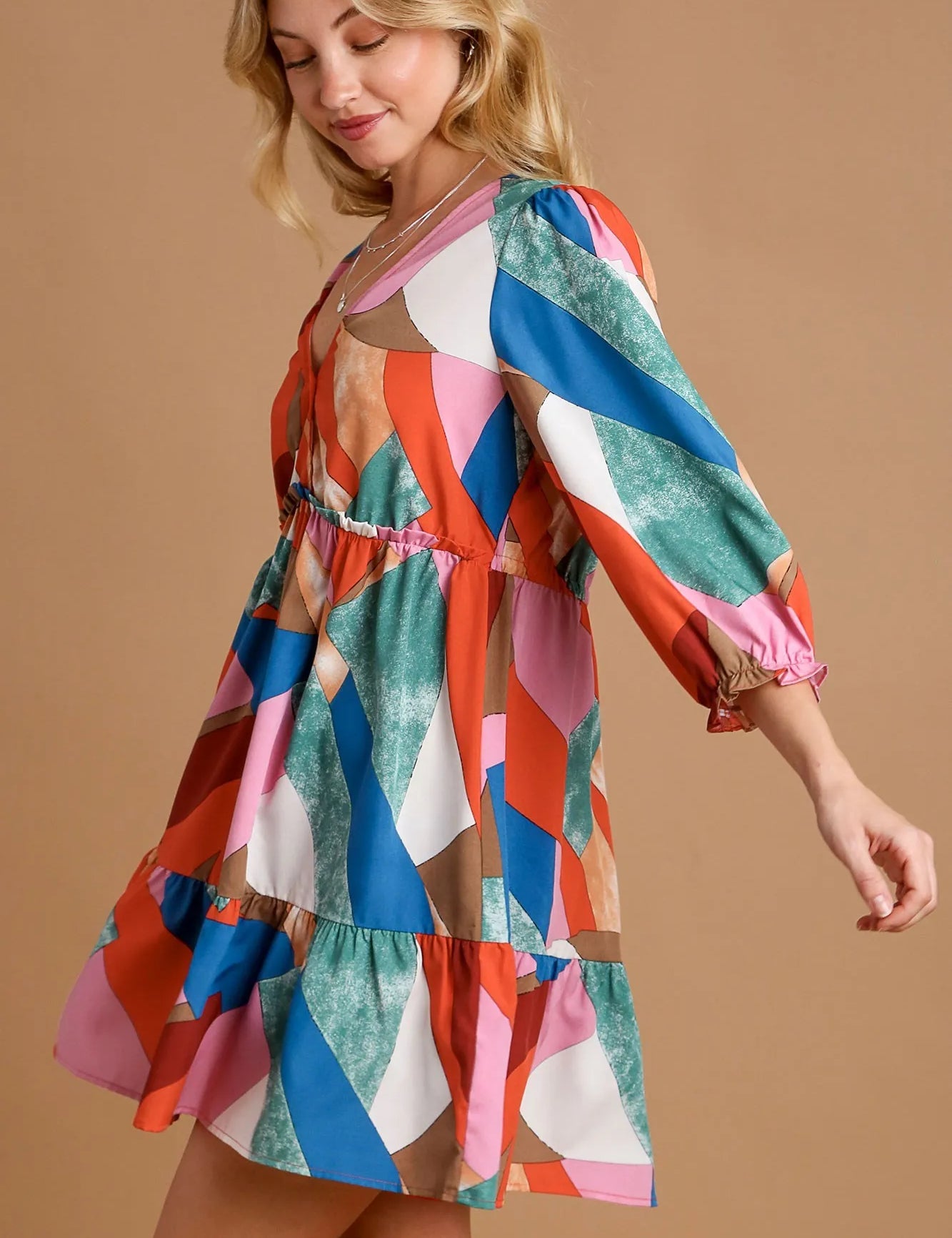 Umgee Abstract V-Neck Tiered Printed Dress | Daverri Fashions