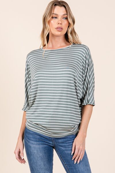 BOMBOM Striped Boat Neck Dolman Sleeve Top Tops