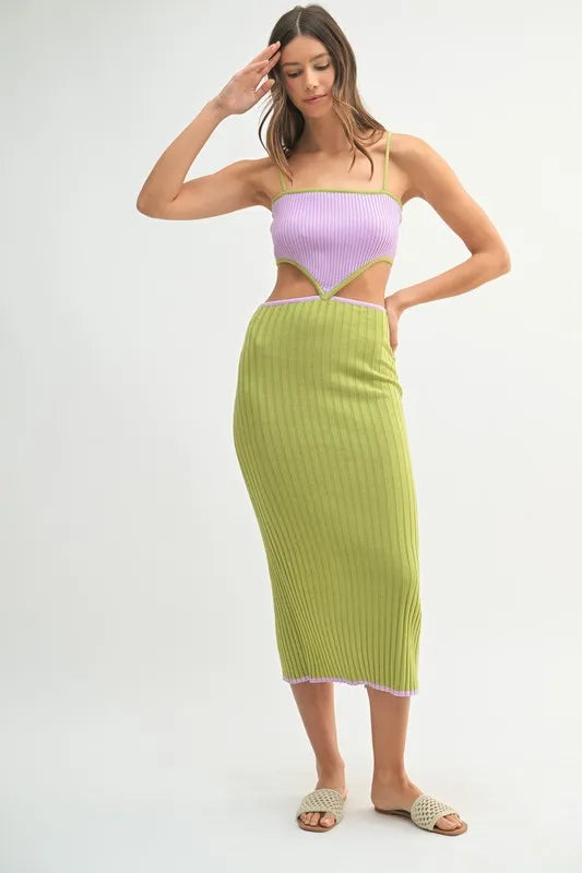 MABLE Lime Ribbed Knit Color Block Cutout Midi Dress Midi Dresses