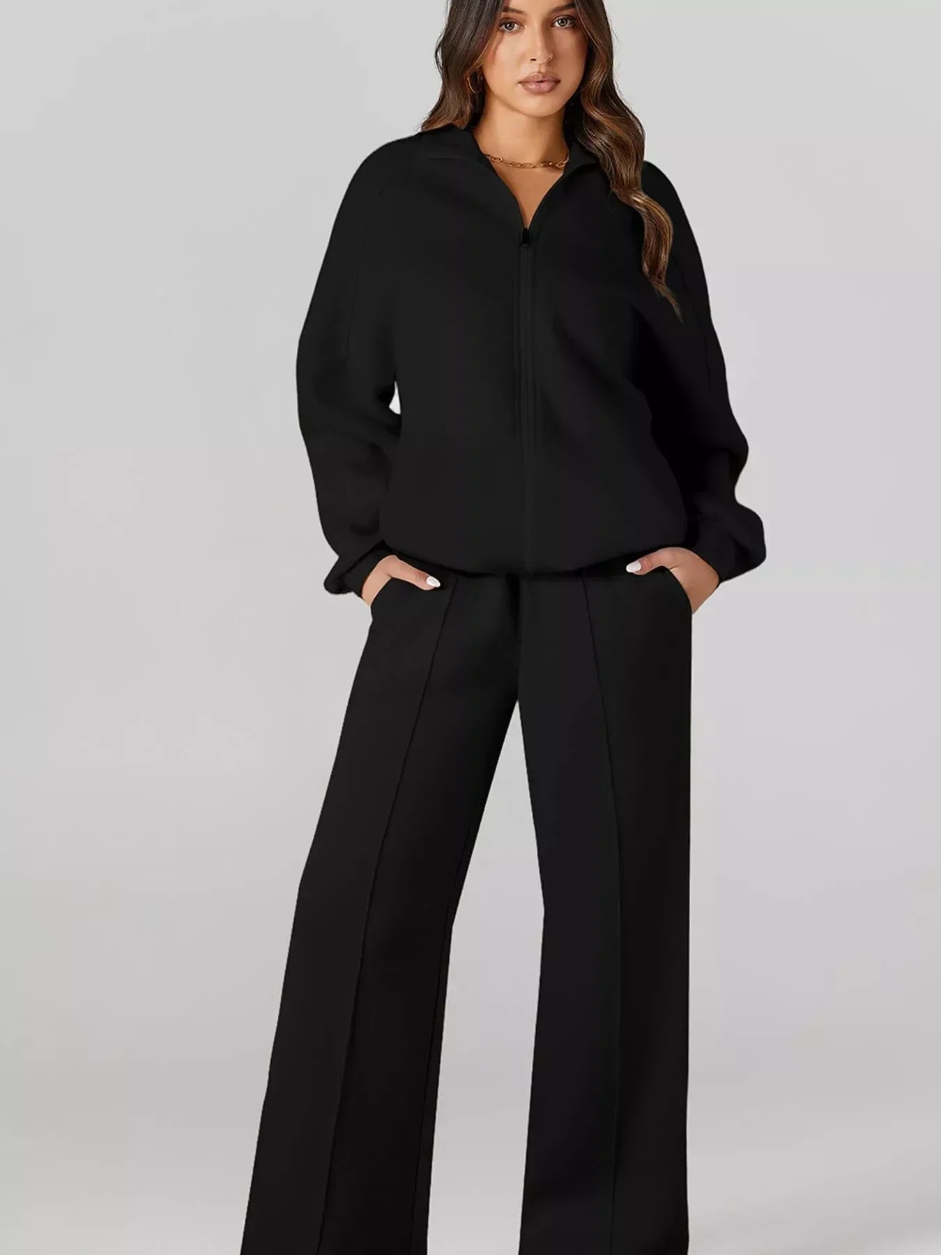 Drop Shoulder Zip Up Jacket and Drawstring Pants Active 2pcs Set - DAVERRI FASHIONS