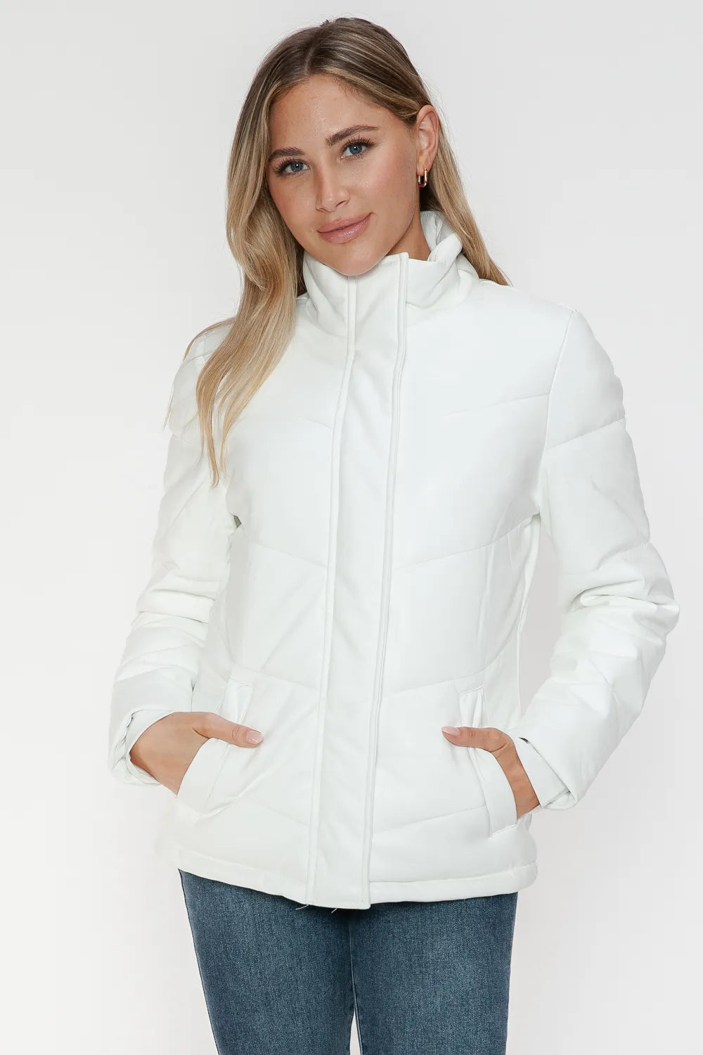 Snobbish Pocketed Zip Up Turtleneck Puffer Jacket White Jackets