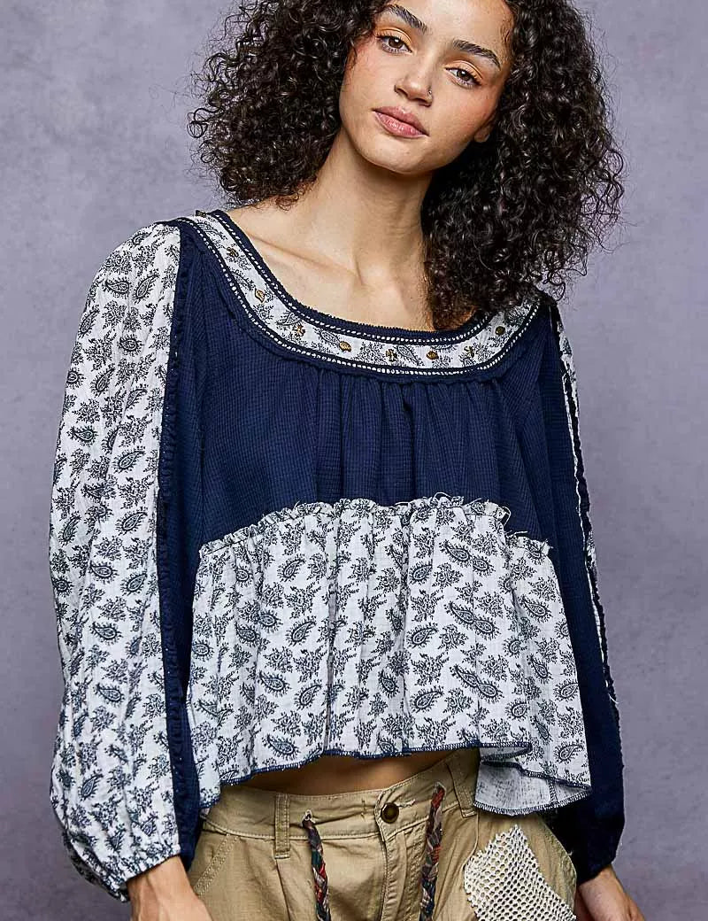 POL Paisley Scoop Neck Balloon Sleeve Cropped Blouse with Stud Detail | Daverri Fashions