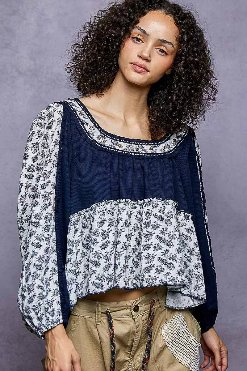 POL Paisley Scoop Neck Balloon Sleeve Cropped Blouse with Stud Detail | Daverri Fashions