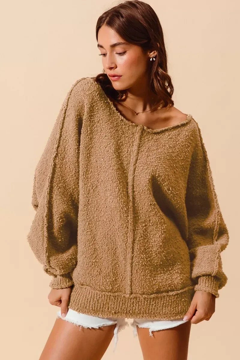SO ME Loose Fit Exposed Seam Slouchy Boucle Sweater Taupe - DAVERRI FASHIONS