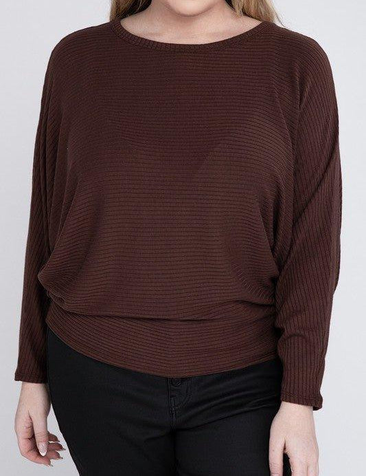 Zenana Plus Batwing Sleeve Knit Top-Casual Comfort MAHOGANY Shirts & Tops