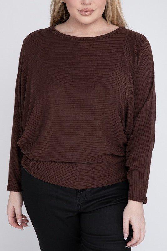 Zenana Plus Batwing Sleeve Knit Top-Casual Comfort MAHOGANY Shirts & Tops