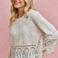 SO ME floral embroidered crochet lace trimmed top with bell sleeves