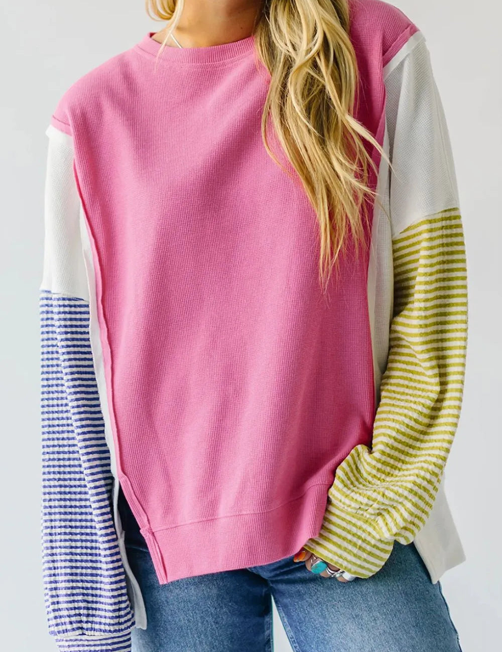 Pink Exposed Seam Contrast Long Sleeve Sweatshirt | Sweatshirts Daverri Fashions