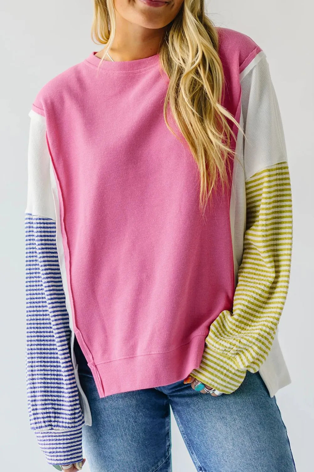 Pink Exposed Seam Contrast Long Sleeve Sweatshirt | Sweatshirts Daverri Fashions
