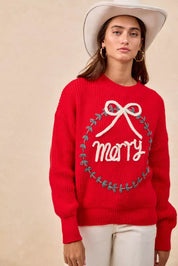 BiBi Christmas Wreath Merry Letter Knit Top | Knit Tops Daverri Fashions