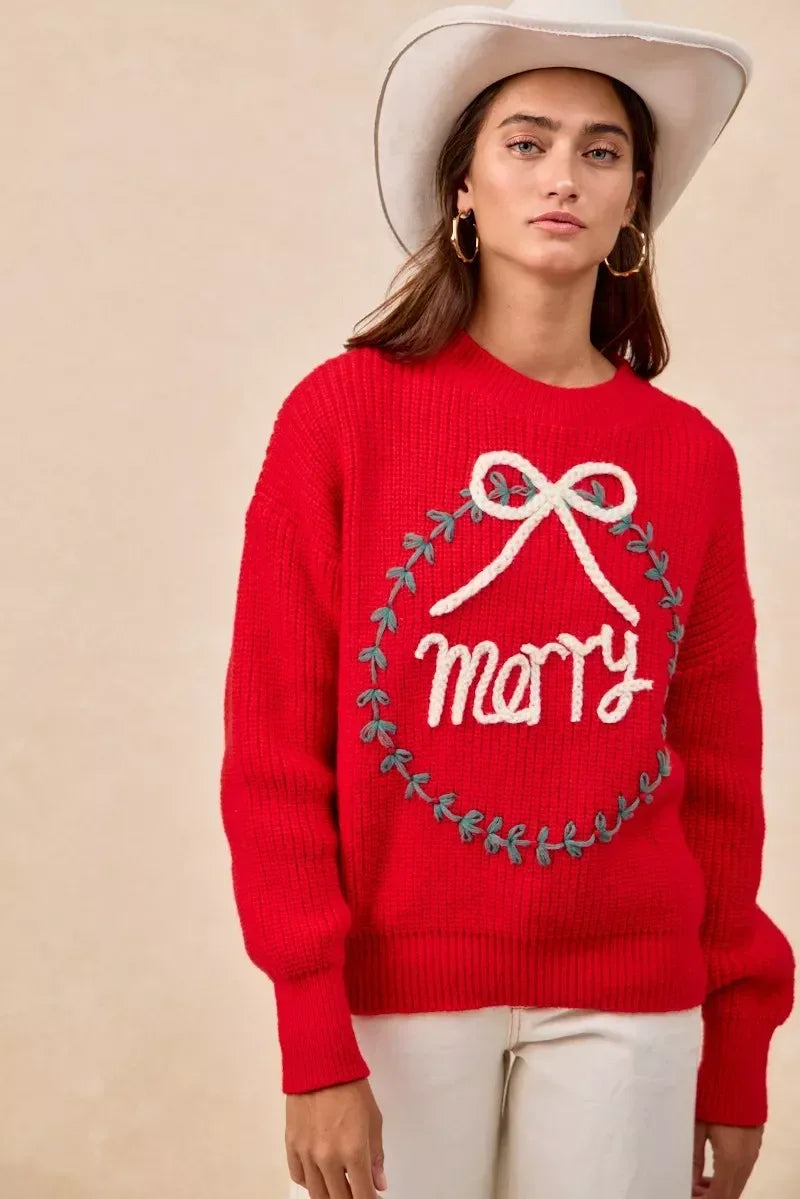 BiBi Christmas Wreath Merry Letter Knit Top - DAVERRI FASHIONS
